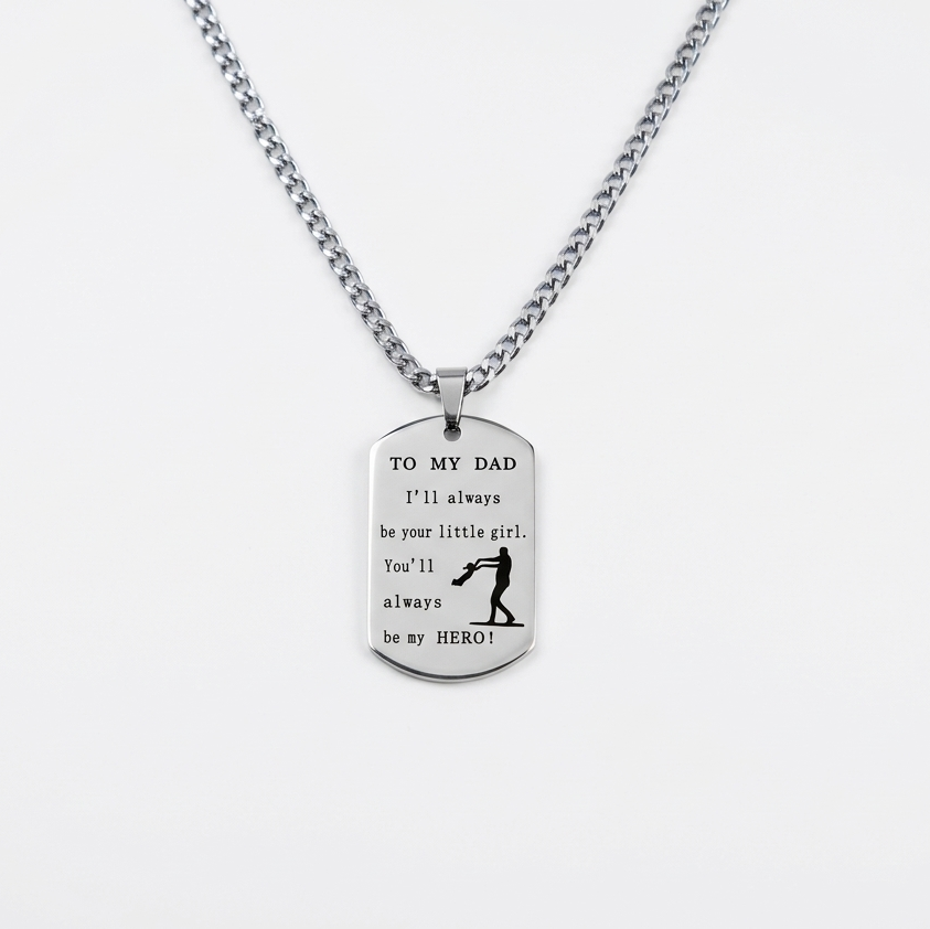 Necklace with a pendant engraved with text on a white background