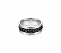 Silver ring with black chain design on a white background