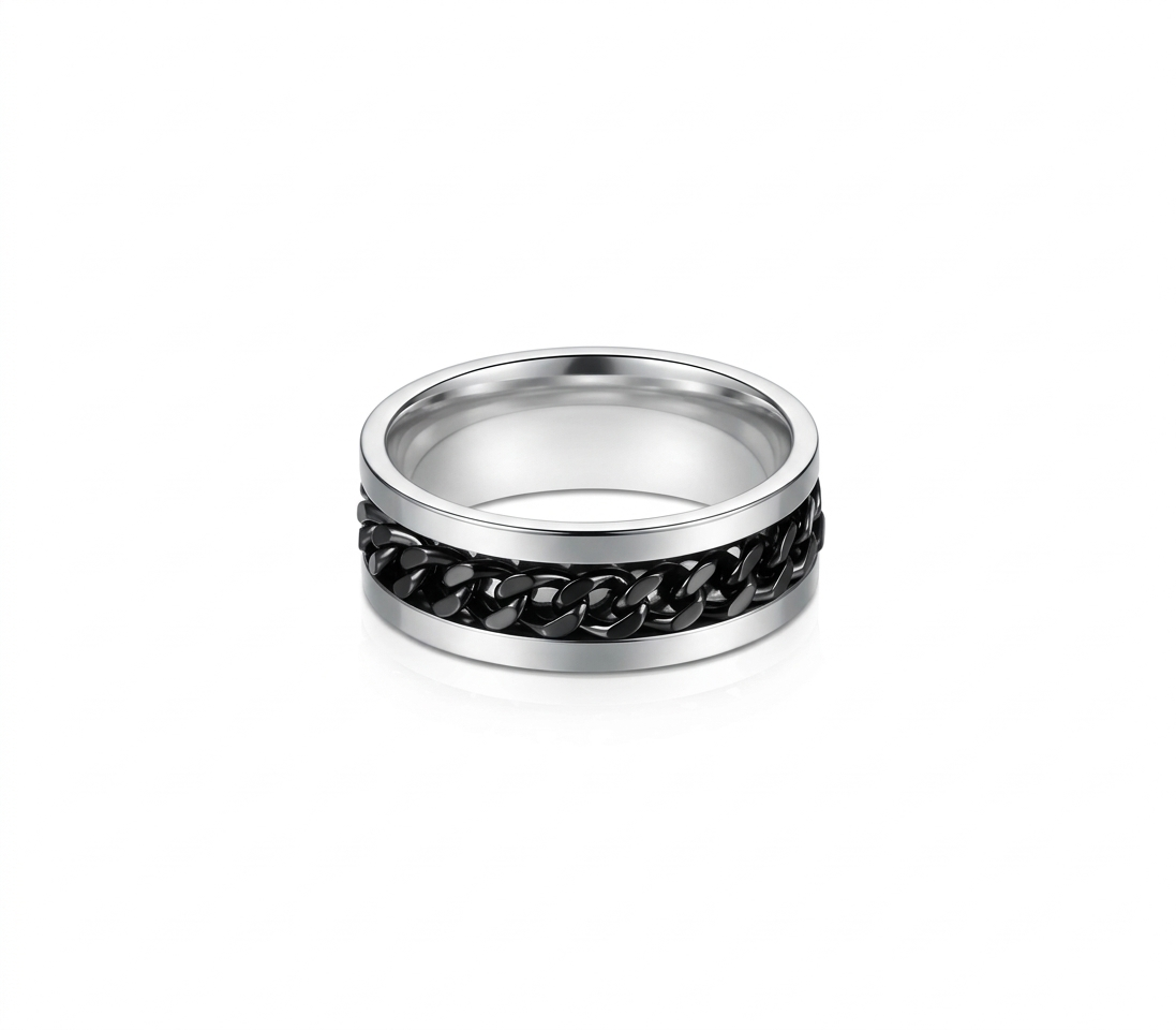 Silver ring with black chain design on a white background