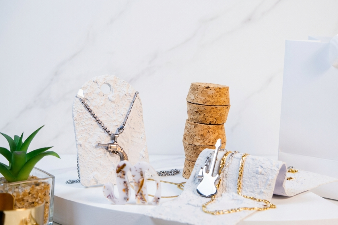 Jewelry on display with a white background